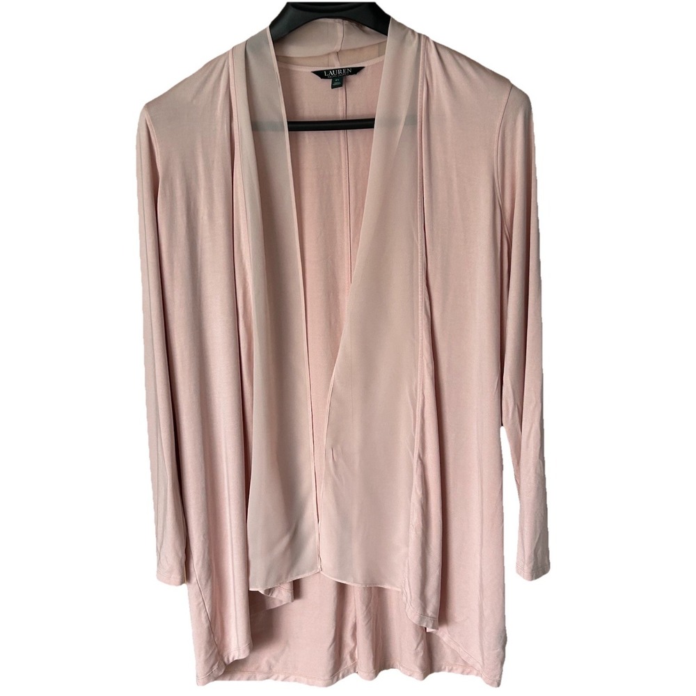 Ralph Lauren Size 2XL Women Sheer Pink Open Front Lightweight Sweater Satin Trim
